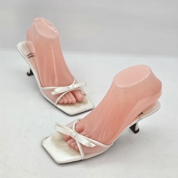 Jeffrey Campbell Sweet-On-U Square-Toe Mid Heel Slide Sandals White Satin Combo - Picture 11 of 11